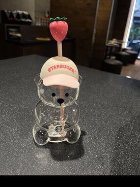 Starbucks Clear Bear Straw Bottle with Pink Cap and Strawberry Topper